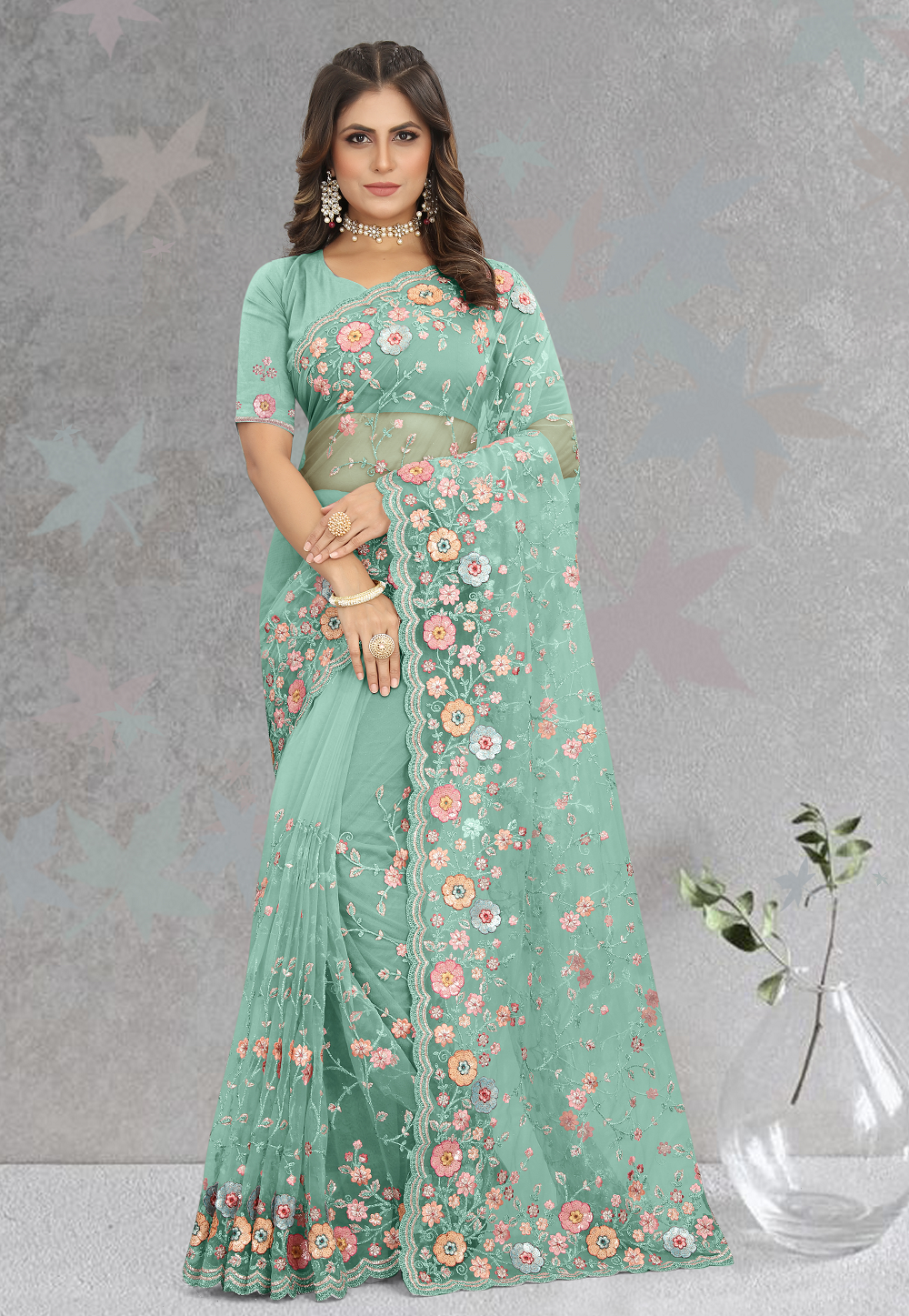 Net Embroidered Saree in Sea Green