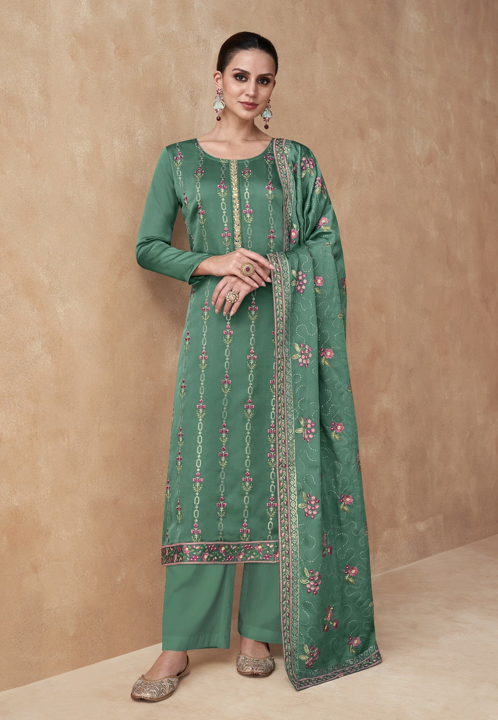 Satin Georgette Embroidered Pakistani Suit in Teal Green