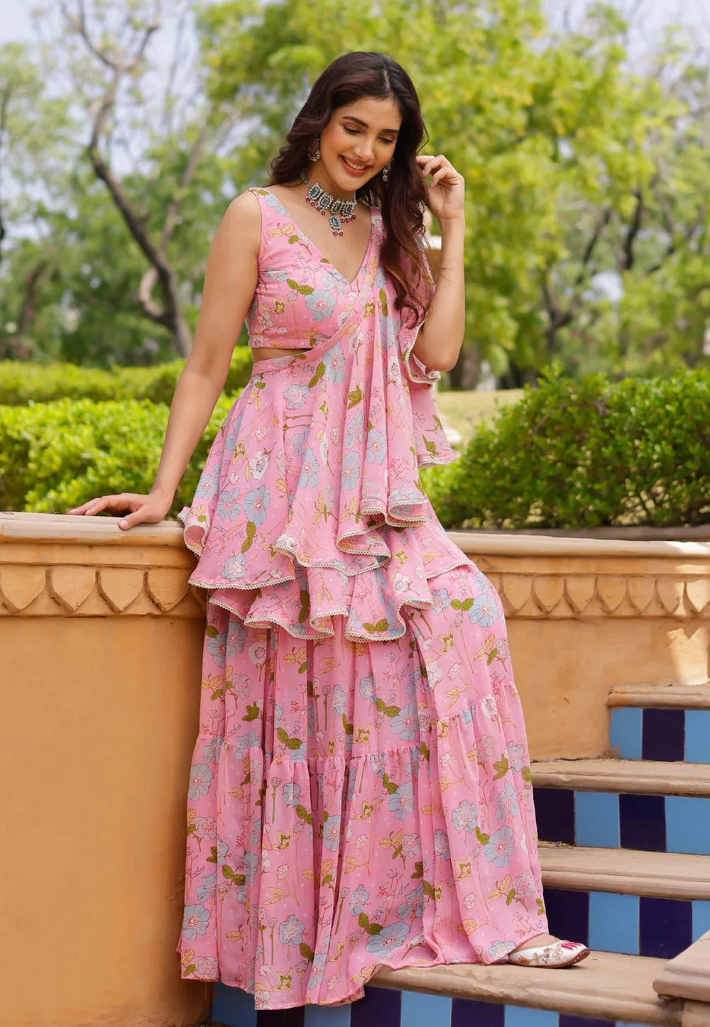 Floral Printed Georgette Top and Skirt Set in Pink with Shoulder Cape