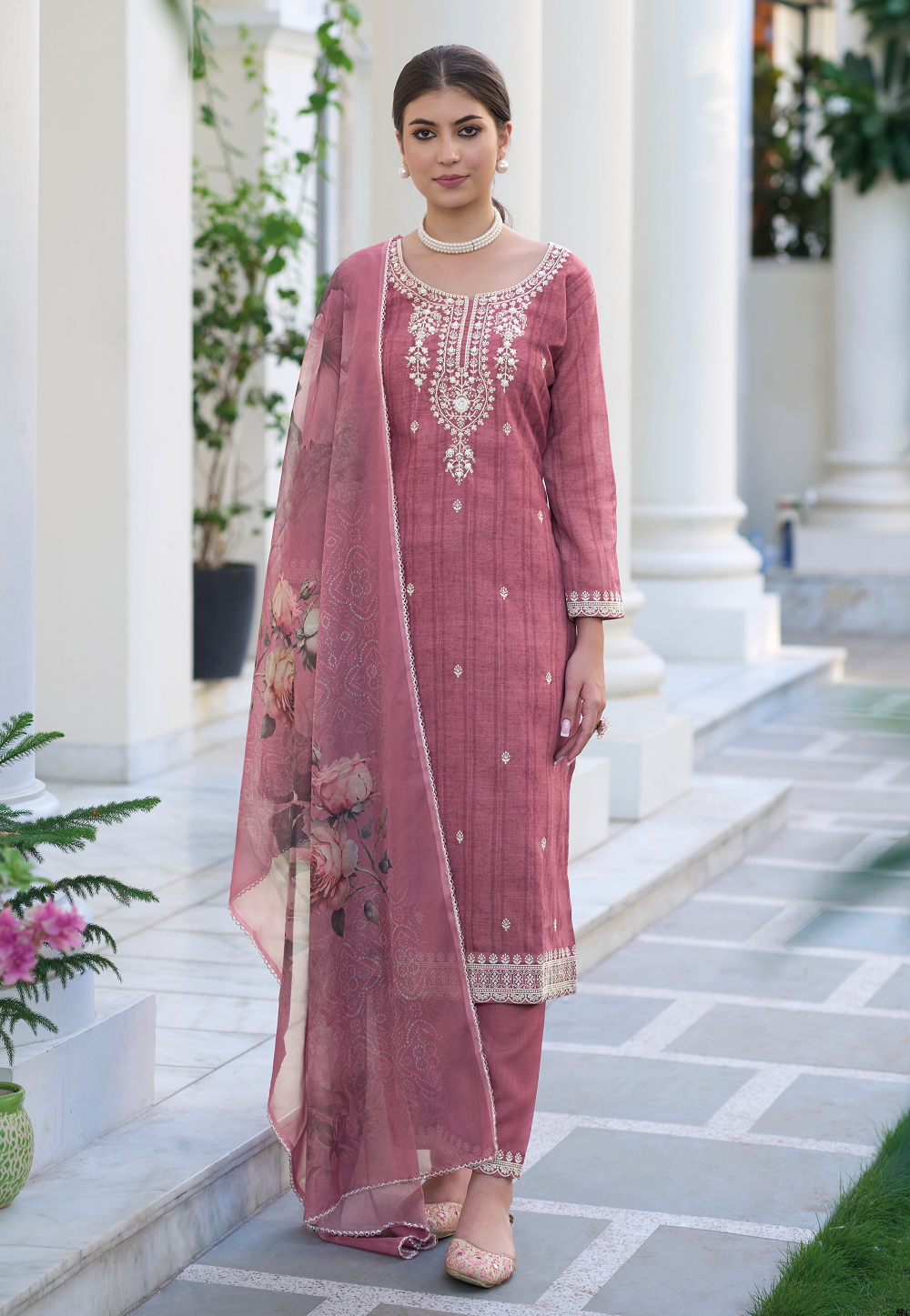 Cotton Embroidered Pakistani Suit in Old Rose