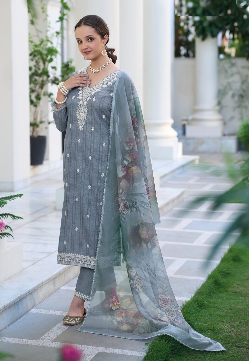 Cotton Embroidered Pakistani Suit in Grey