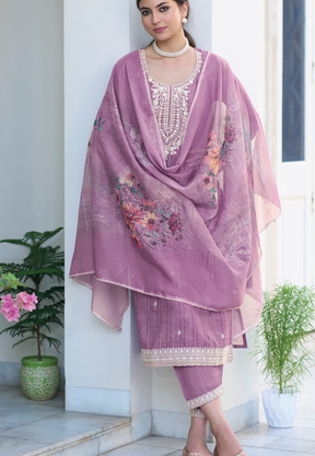 Cotton Embroidered Pakistani Suit in Purple