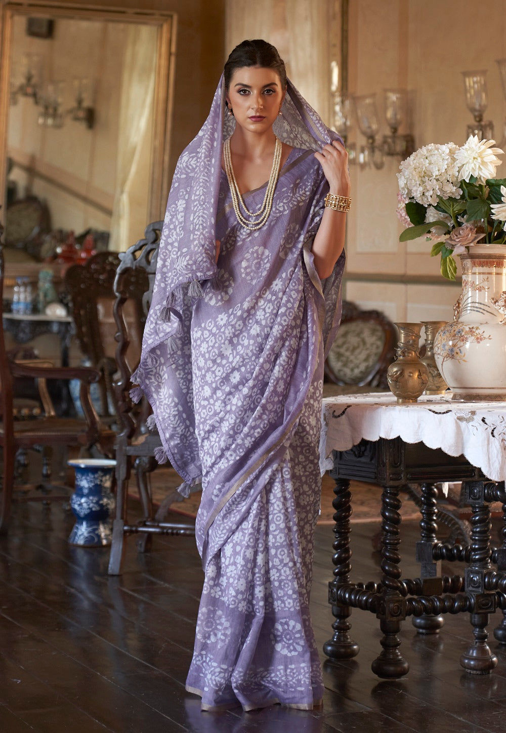 Batik Printed Cotton Woven Saree in Purple