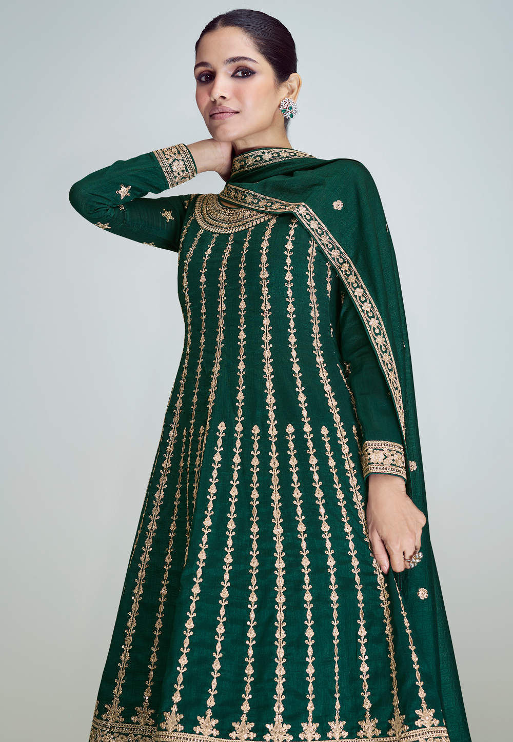 Art Silk Embroidered Anarkali Suit in Green