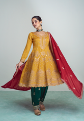 Art Silk Embroidered Anarkali Suit in Mustard