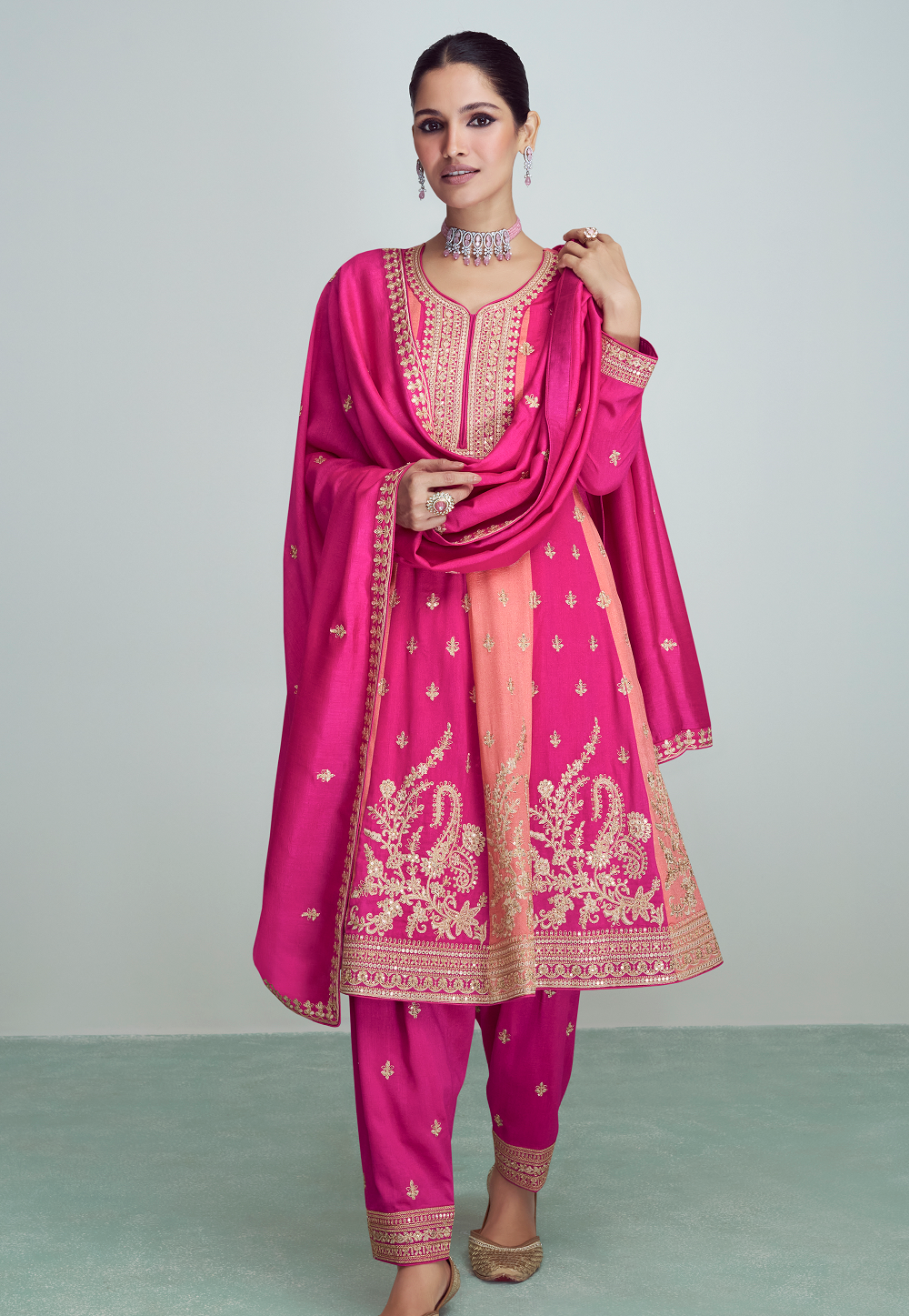 Art Silk Embroidered Anarkali Suit in Pink and Peach