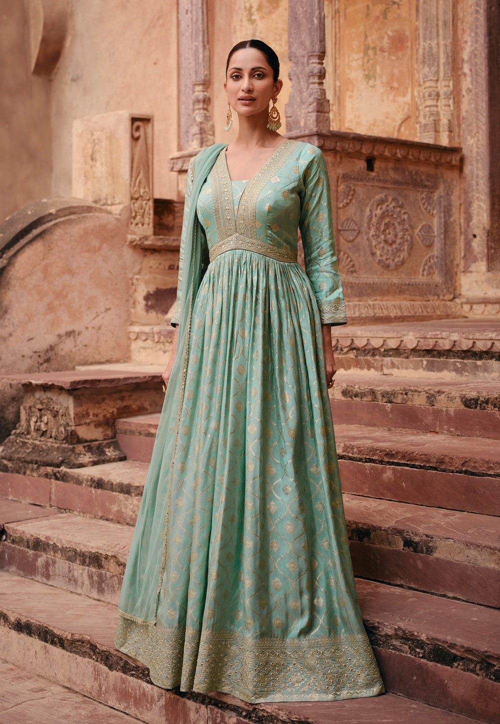 Art Silk Jacquard Woven Abaya Style Suit in Pastel Green