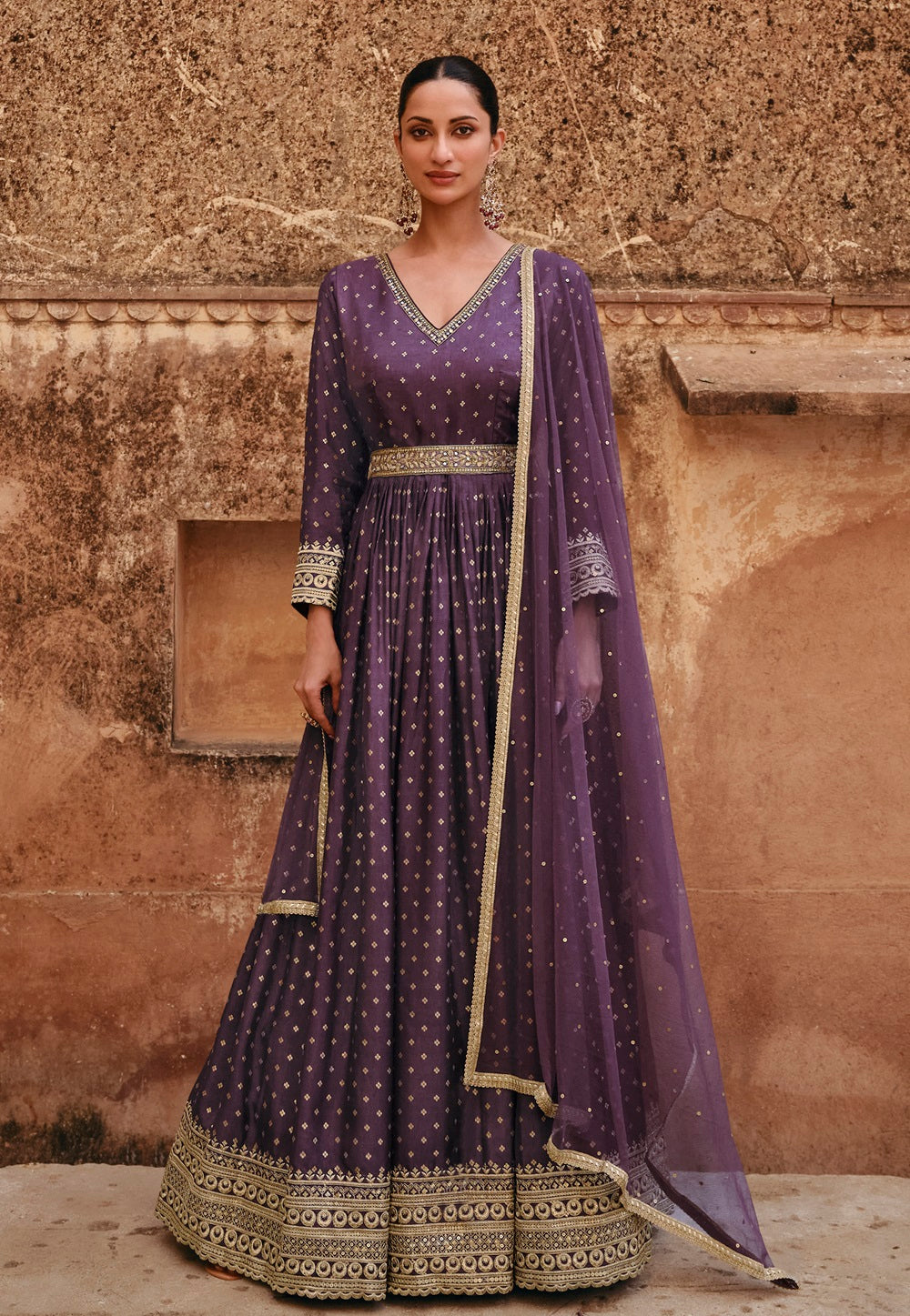 Art Silk Jacquard Abaya Style Suit in Purple