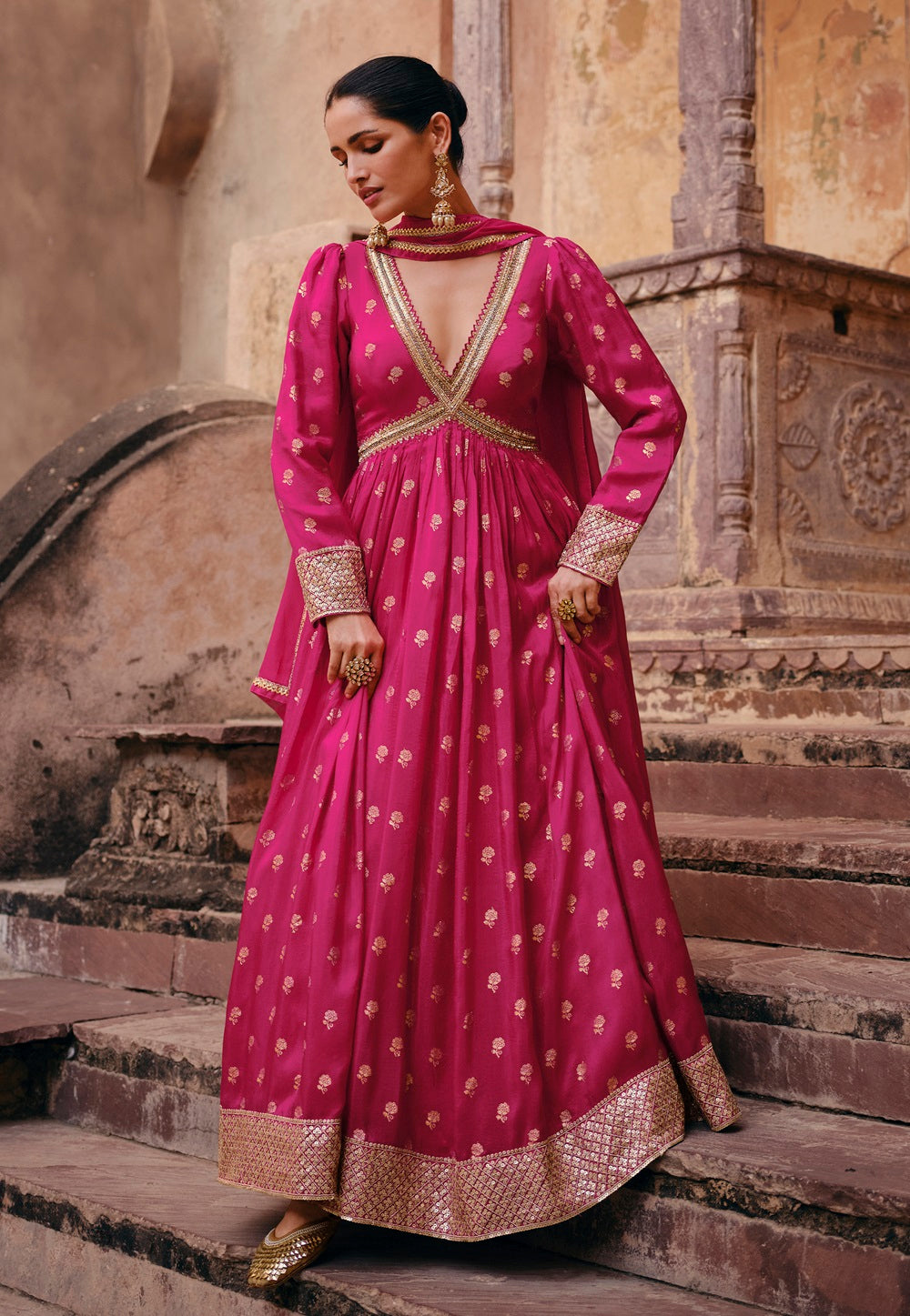 Art Silk Jacquard Abaya Style Suit in Pink