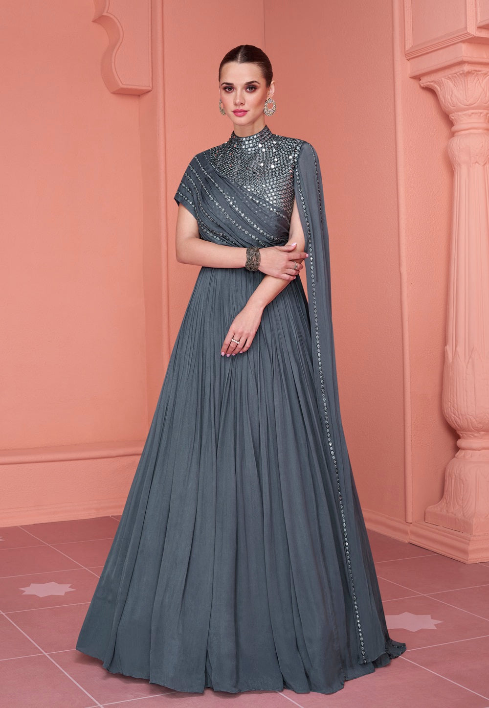 Chinon Chiffon Hand Embroidered Gown in Grey