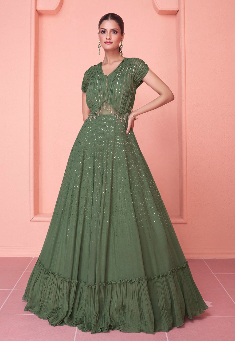 Chinon Chiffon Embroidered Gown in Olive Green