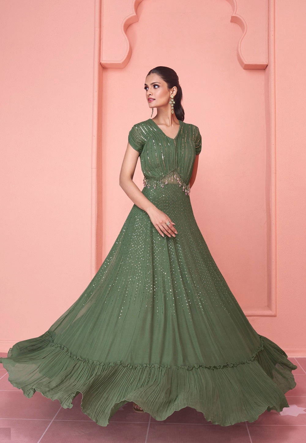 Chinon Chiffon Embroidered Gown in Olive Green