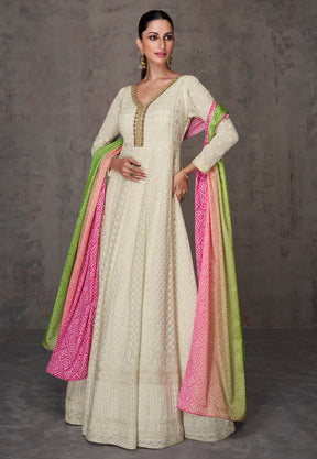 Embroidered Abaya Style Georgette Suit in Beige