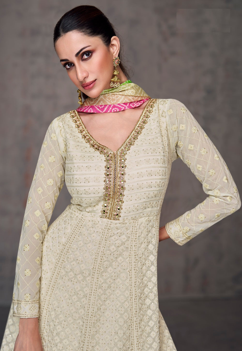 Embroidered Abaya Style Georgette Suit in Beige