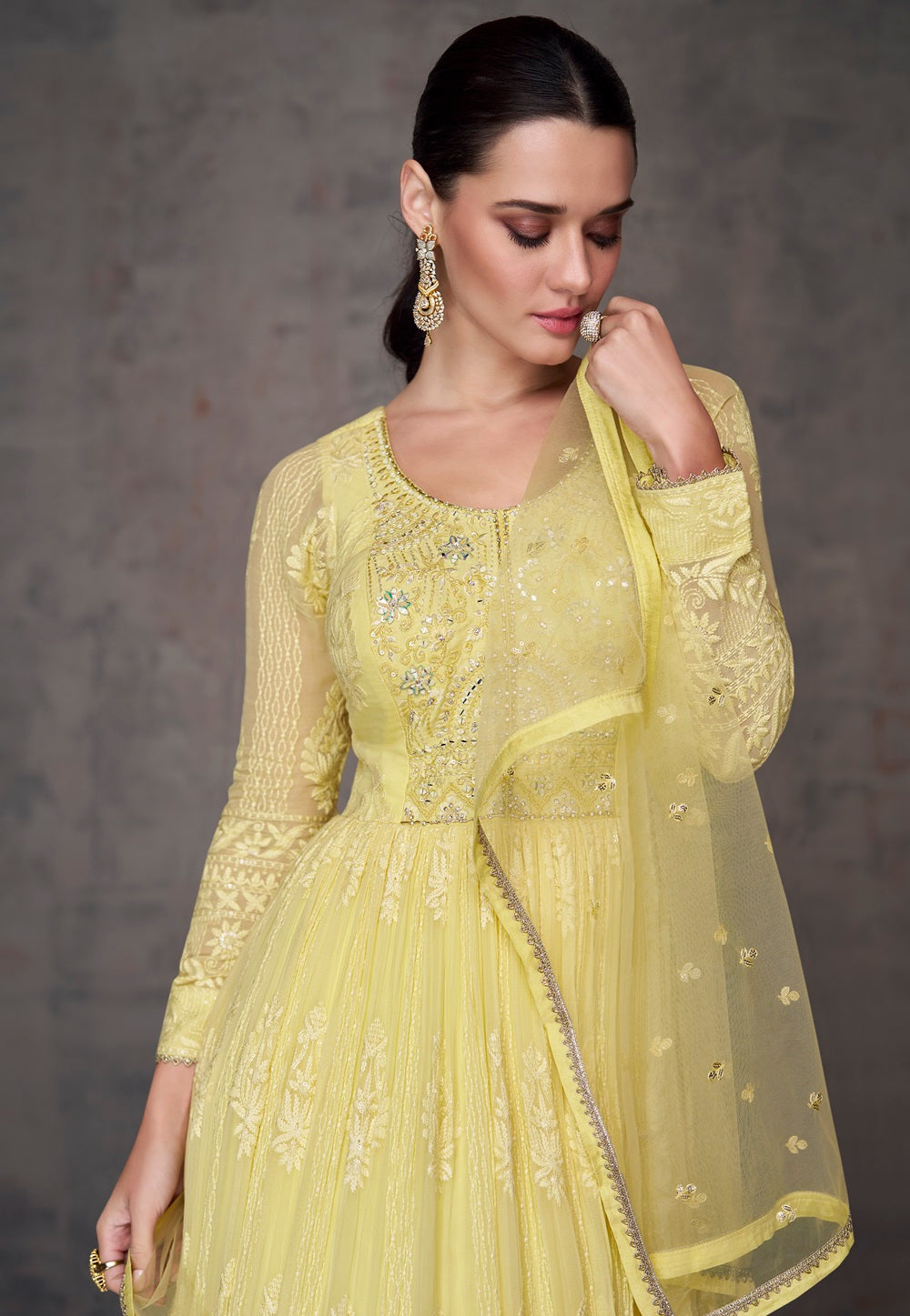 Embroidered Abaya Style Georgette Suit in Yellow
