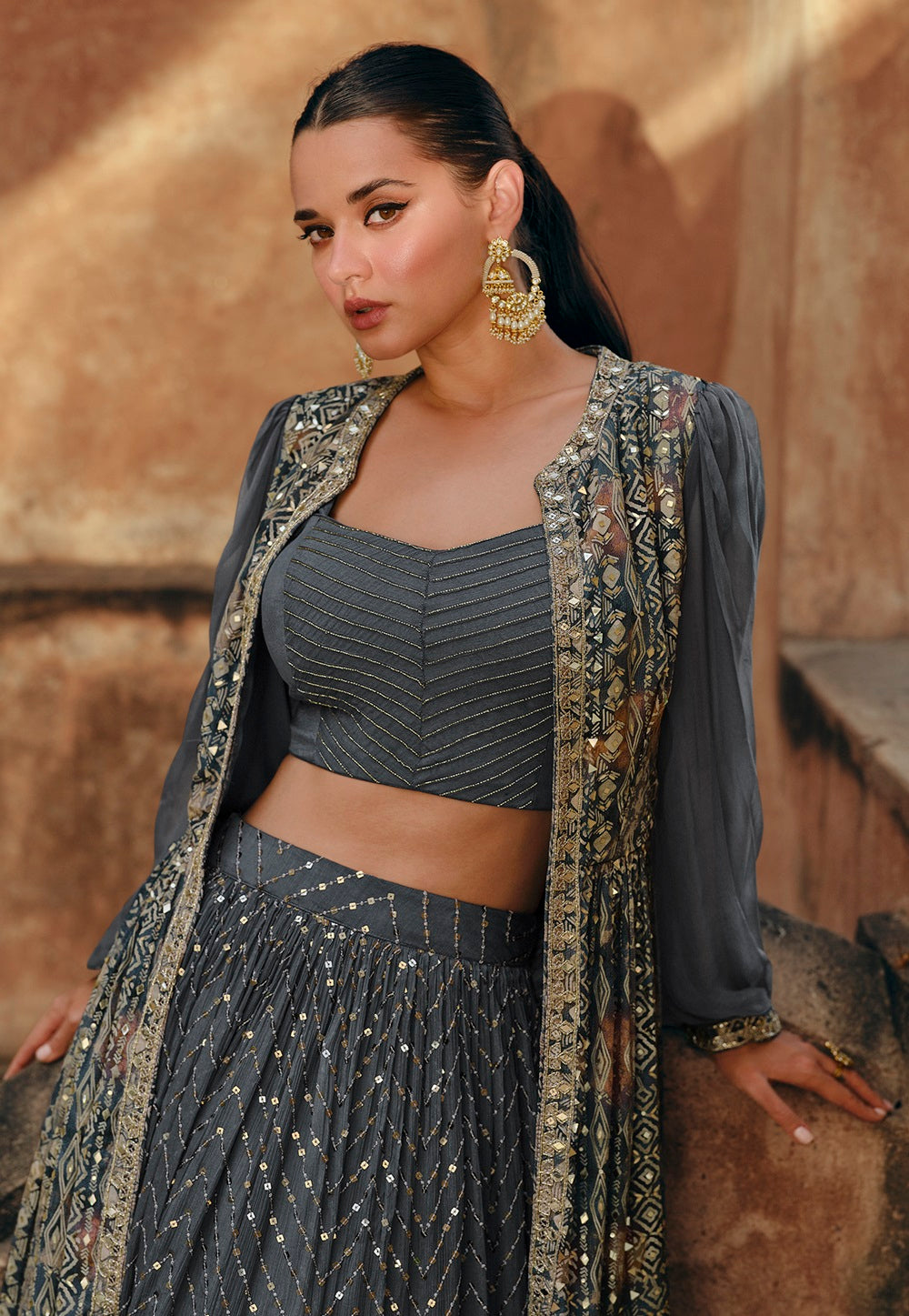 Chinon Silk Embroidered Crop Top Set  in Grey