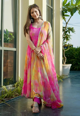 Organza Silk Printed Anarkali Suit in Pink