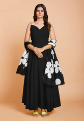 Georgette Floral Print Flared Gown in Black