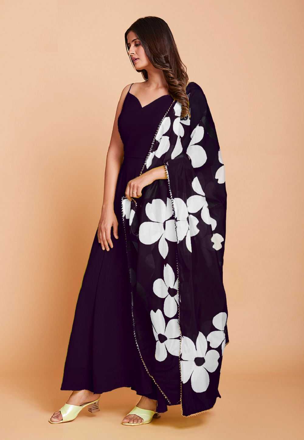 Georgette Floral Print Flared Gown in Wine