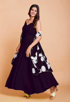 Georgette Floral Print Flared Gown in Wine