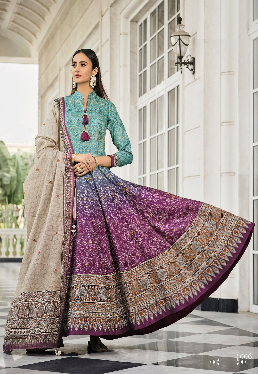 Bandhani Print Banarsi Silk Readymade Gown in Teal Blue & Purple