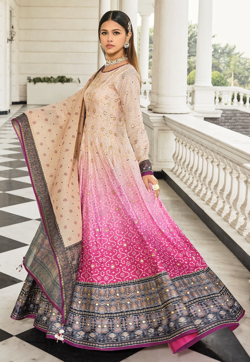 Bandhani Print Banarsi Silk Readymade Gown in Beige & Pink