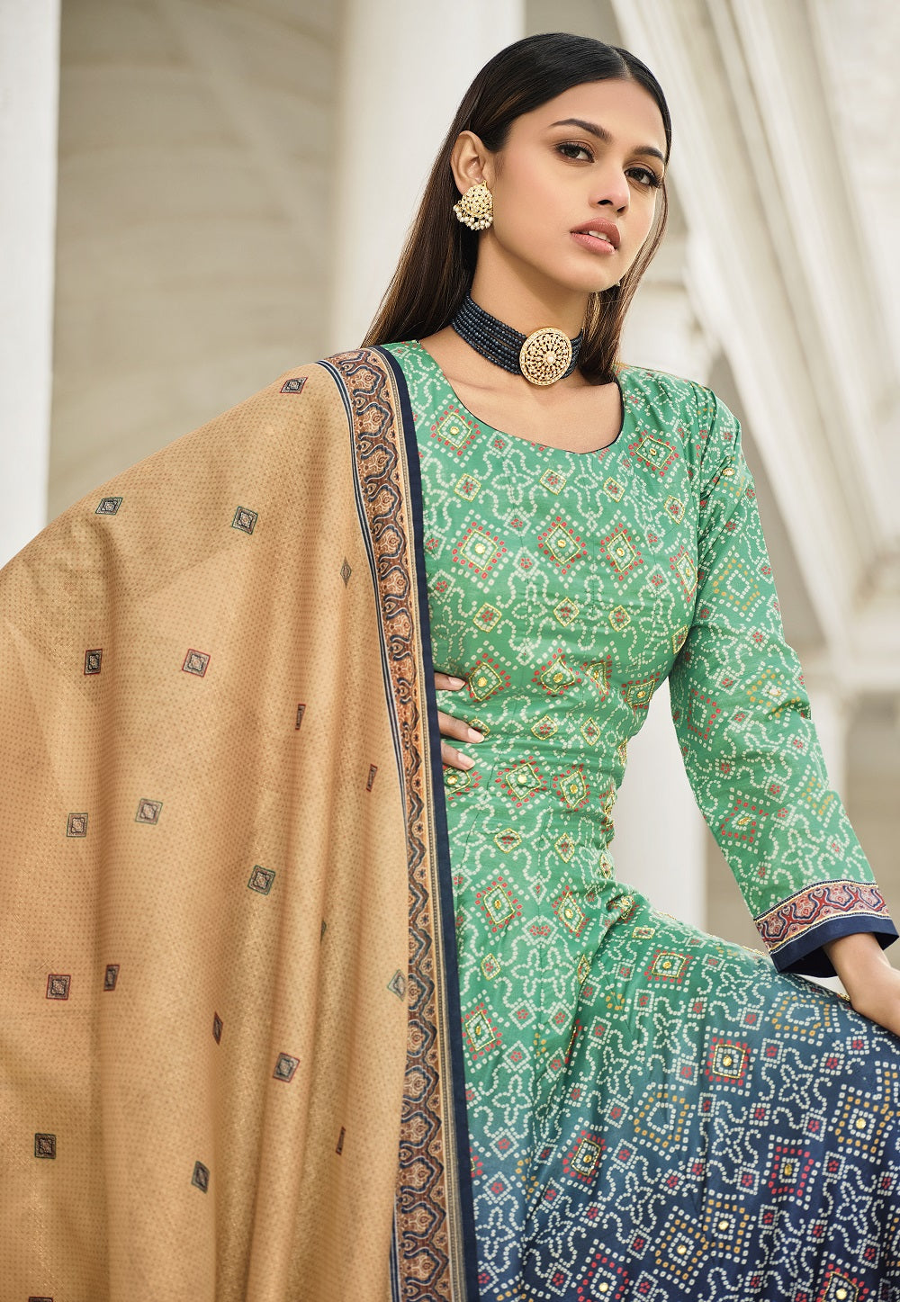 Bandhani Print Banarsi Silk Readymade Gown in Green & Blue