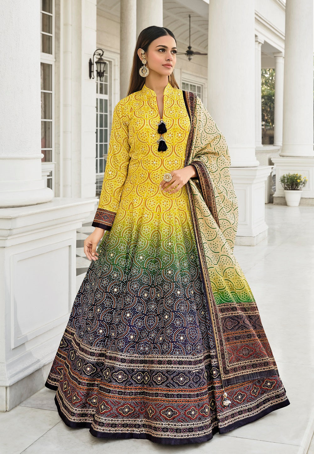 Art Silk Bandhej Printed Abaya Style Suit in Shaded Yellow and Navy Blue