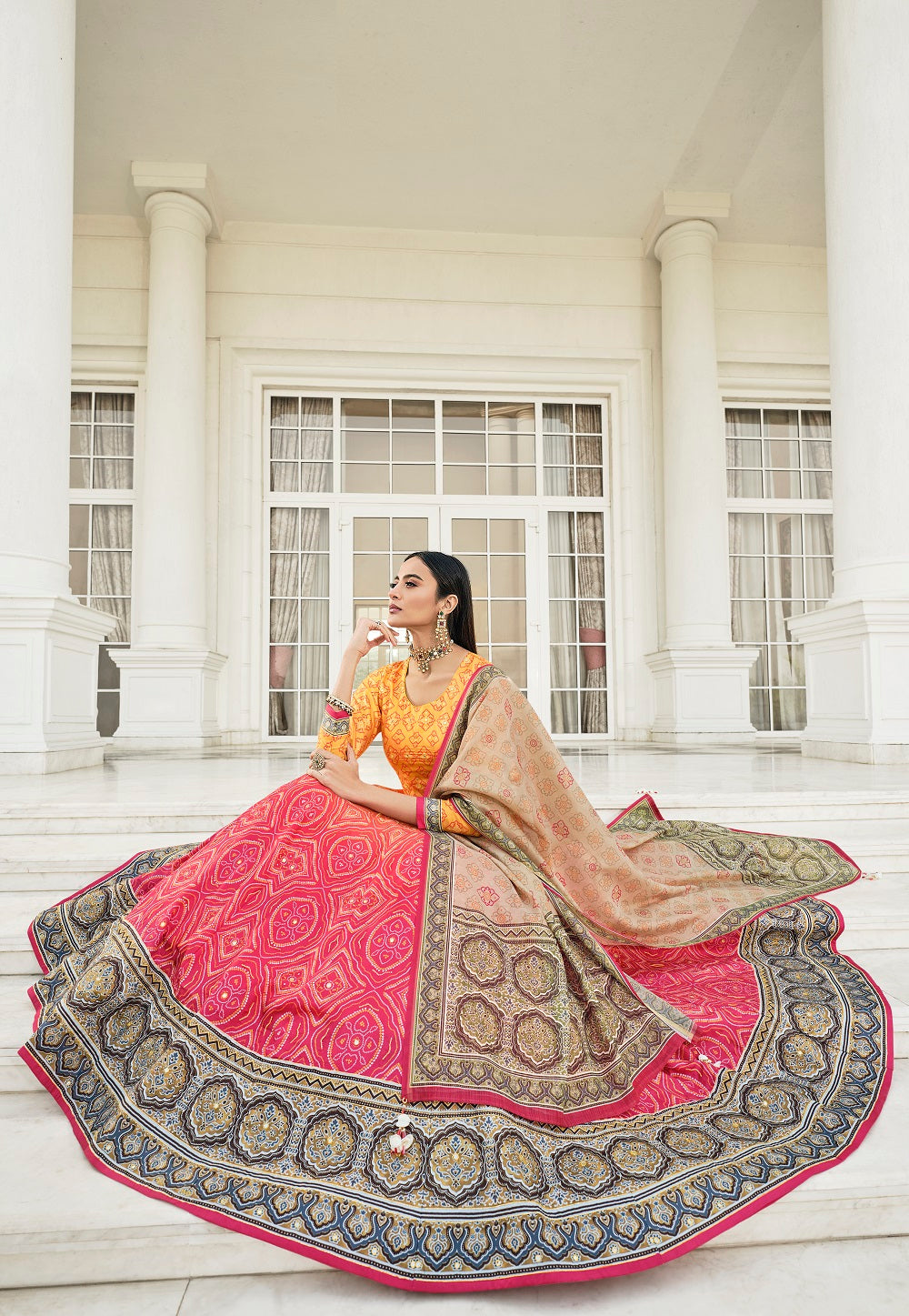 Bandhani Print Banarsi Silk Readymade Gown in Mustard & Pink