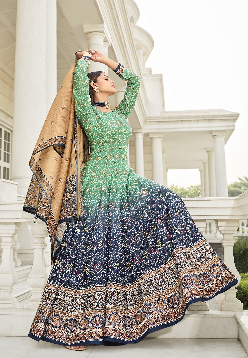 Art Silk Bandhani Print Readymade Gown in Sea Green and Navy Blue