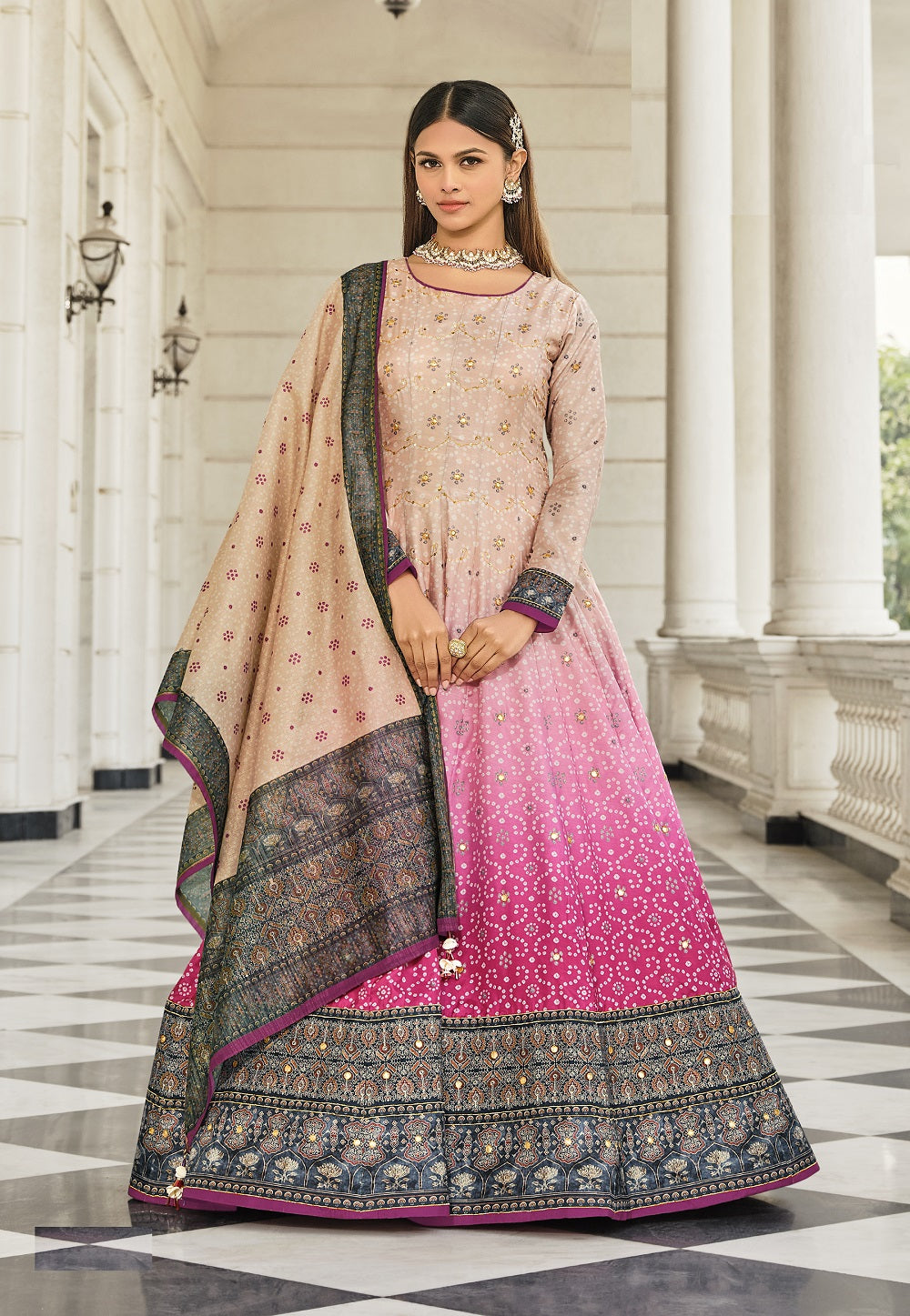 Bandhani Print Banarsi Silk Readymade Gown in Beige & Pink