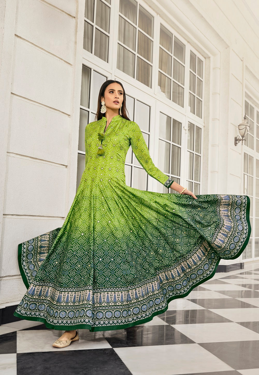 Bandhani Print Banarsi Silk Readymade Gown in Green
