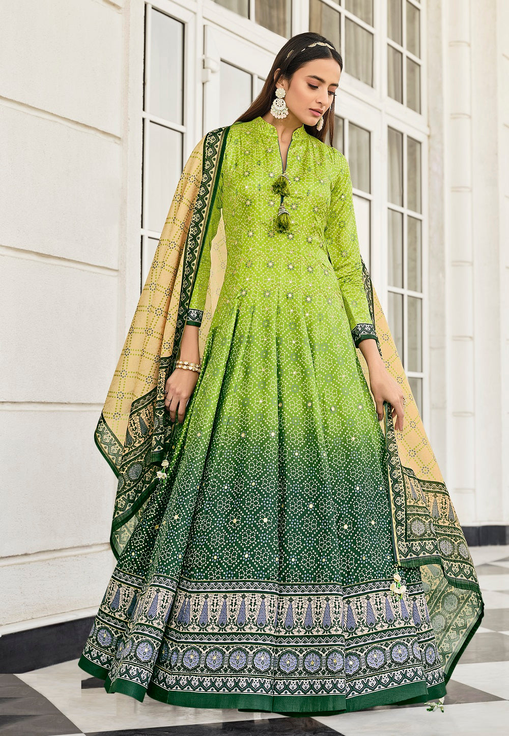 Bandhani Print Banarsi Silk Readymade Gown in Green