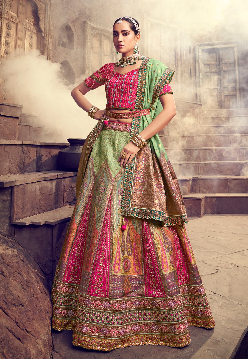 Art Silk Embroidered Lehenga in Pink, and Green