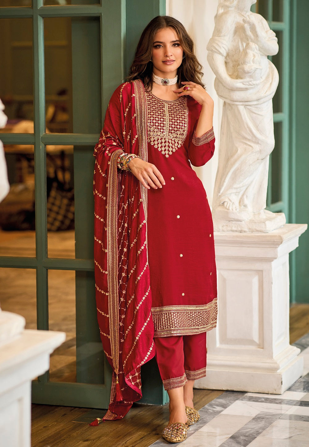 Art Silk Embroidered Pakistani Suit in Red
