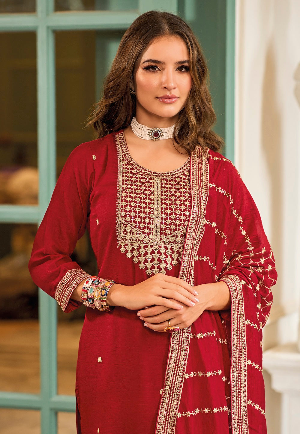 Art Silk Embroidered Pakistani Suit in Red