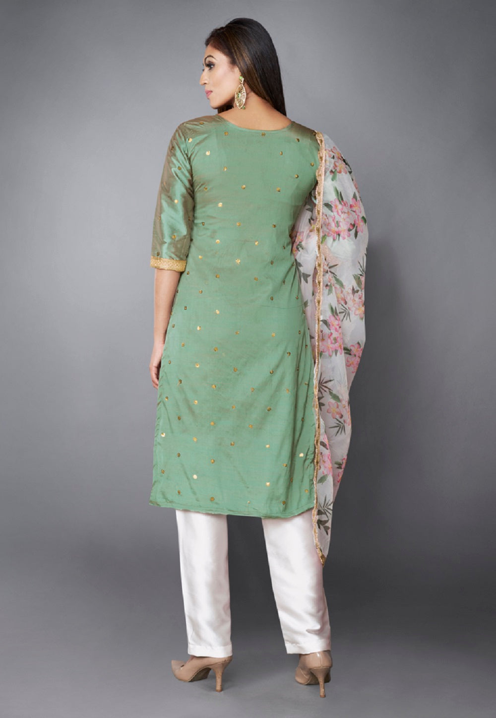 Art Silk Embroidered Suit in Olive Green