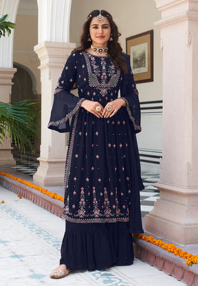 Georgette Embroidered Pakistani Suit in Navy Blue
