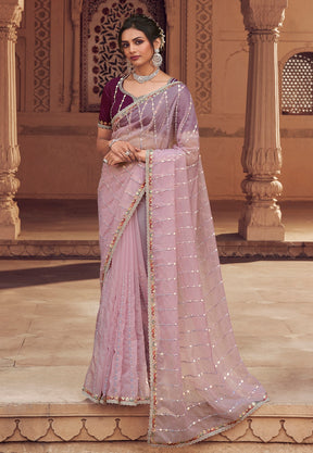 Organza Embroidered Scalloped Saree in Pink