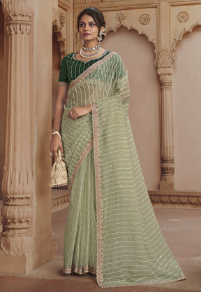 Organza Embroidered Scalloped Saree in Pastel Green