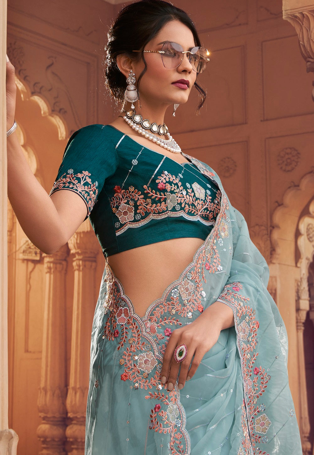 Organza Embroidered Scalloped Saree in Sky Blue