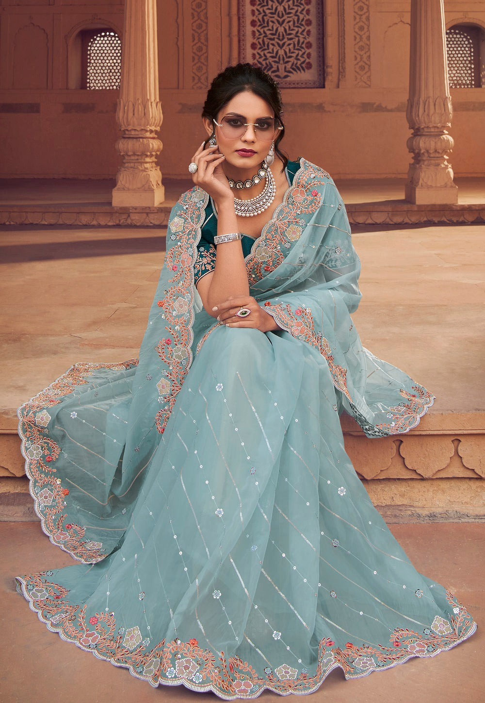 Organza Embroidered Scalloped Saree in Sky Blue