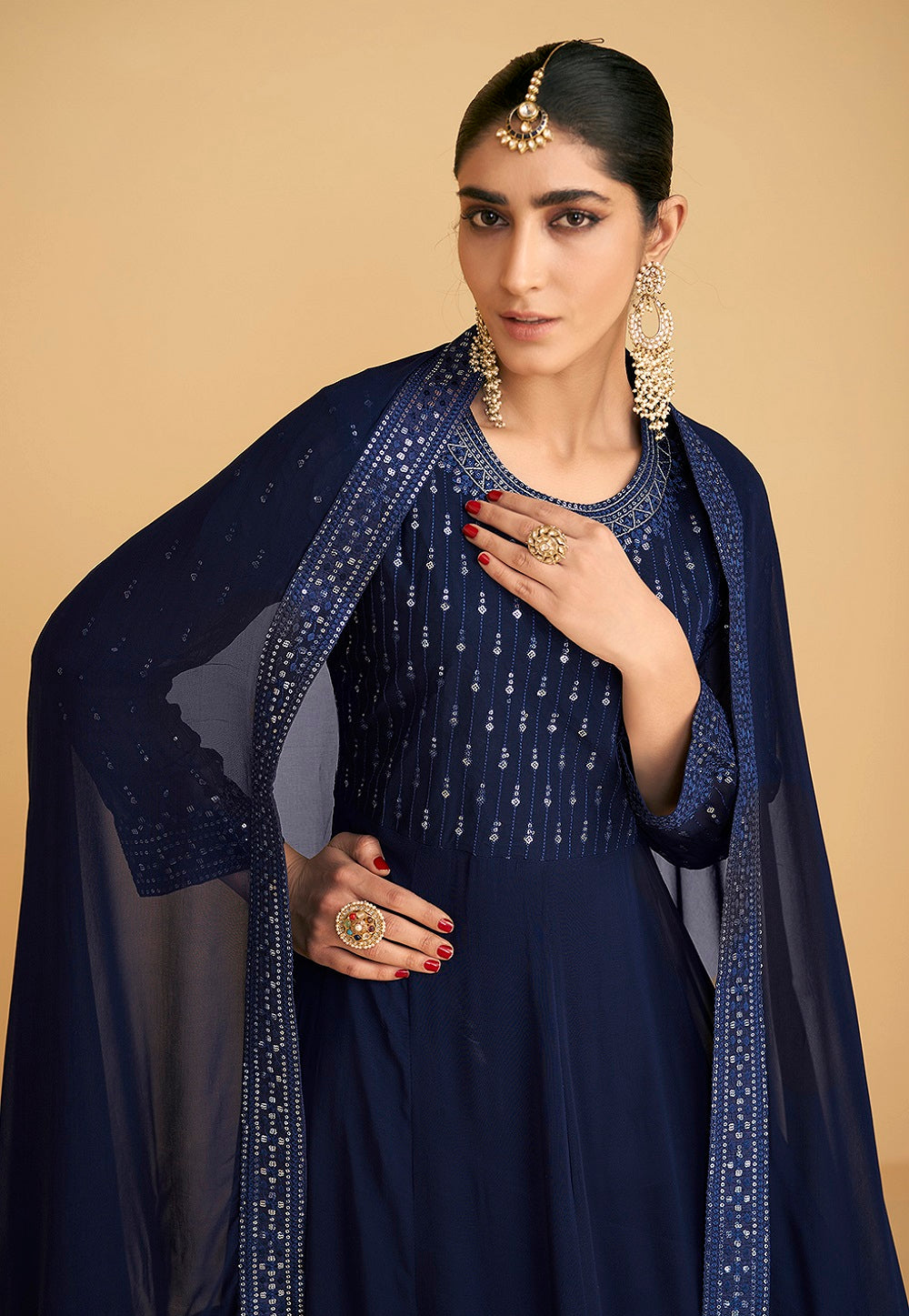 Embroidered Georgette Abaya Style Suit in Navy Blue