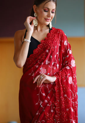 Organza Embroidered Saree in Red