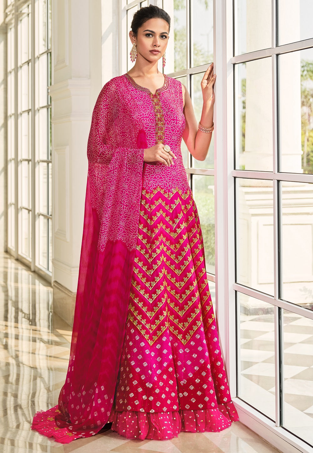 Art Silk Patola Print Flared Gown in Magenta