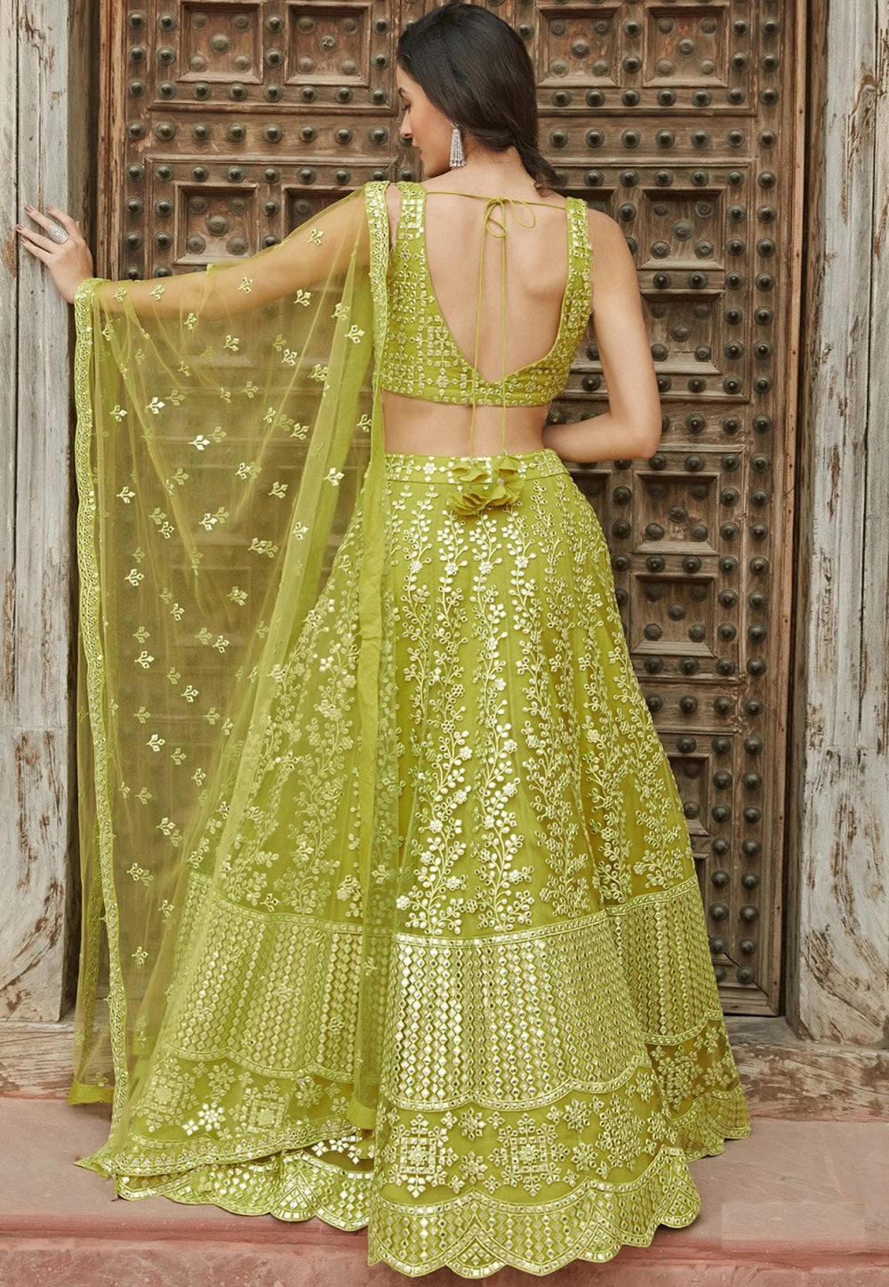 Embroidered Organza Lehenga in Olive Green