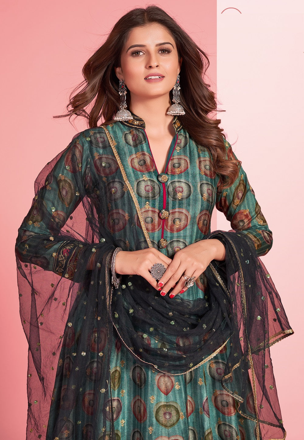 Art Silk Digital Printed Abaya Style Suit in Teal Green