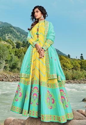 Digital Printed Art Silk Abaya Style Suit in Yellow and Turquoise
