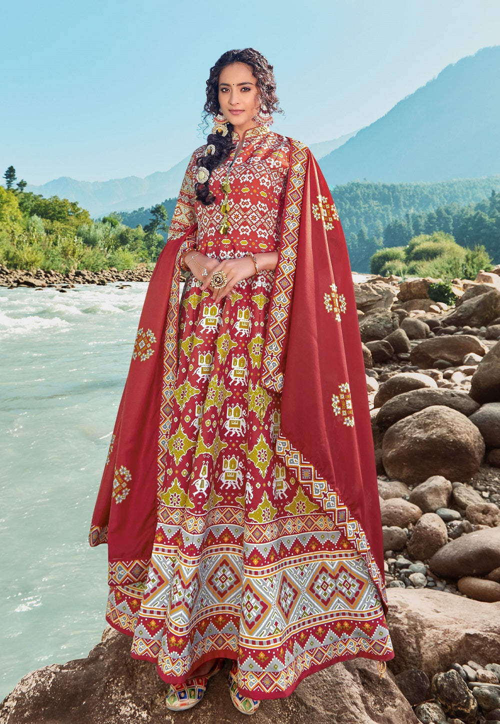 Patola Printed Art Silk Abaya Style Suit in Red and Olive Green