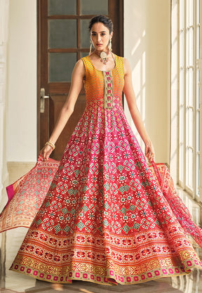 Art Silk Patola Print Flared Gown in Pink & Orange